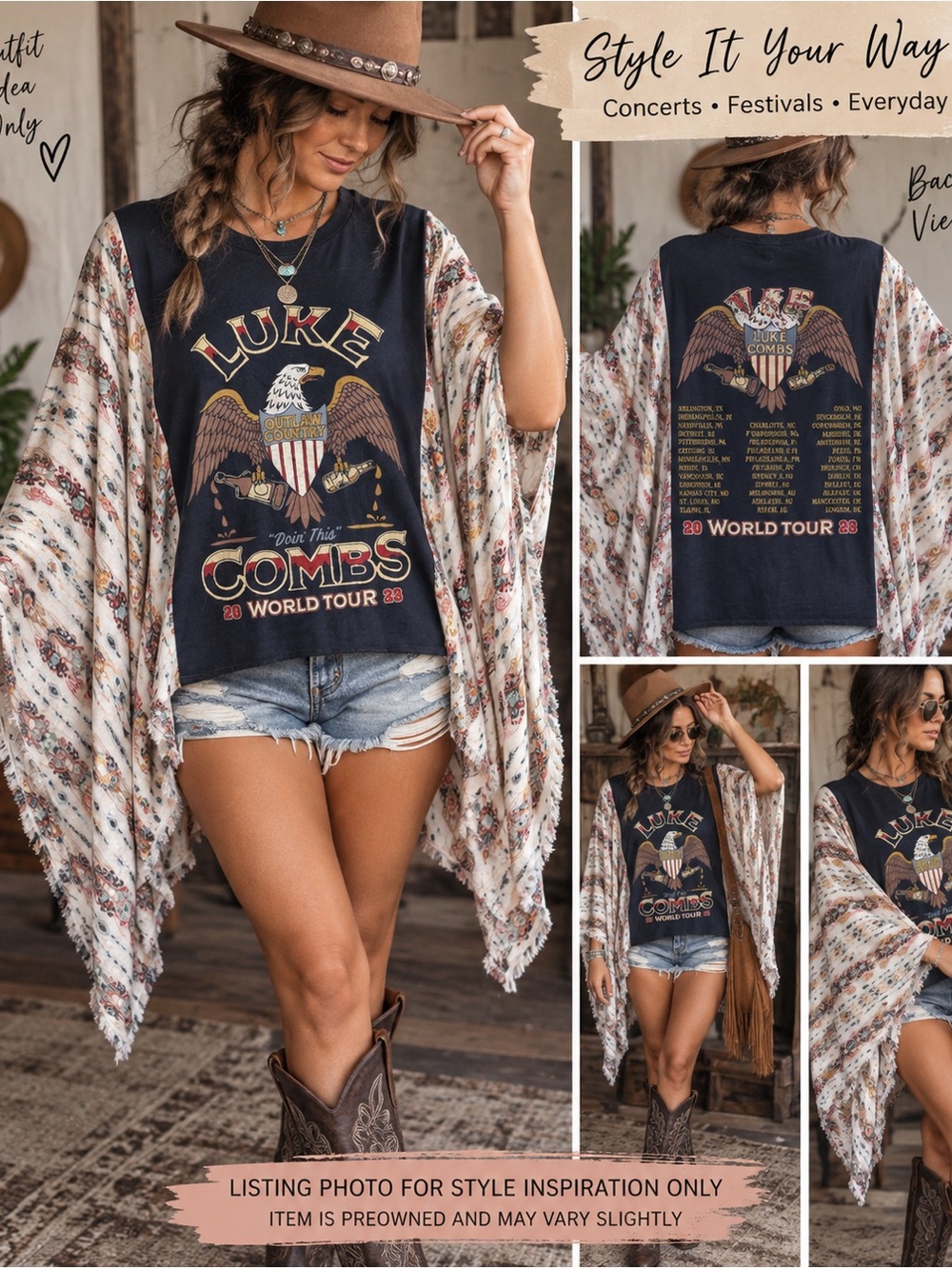 Luke Combs Upcycled Tour Shirt Poncho Boho Western Country Concert One of a Kind